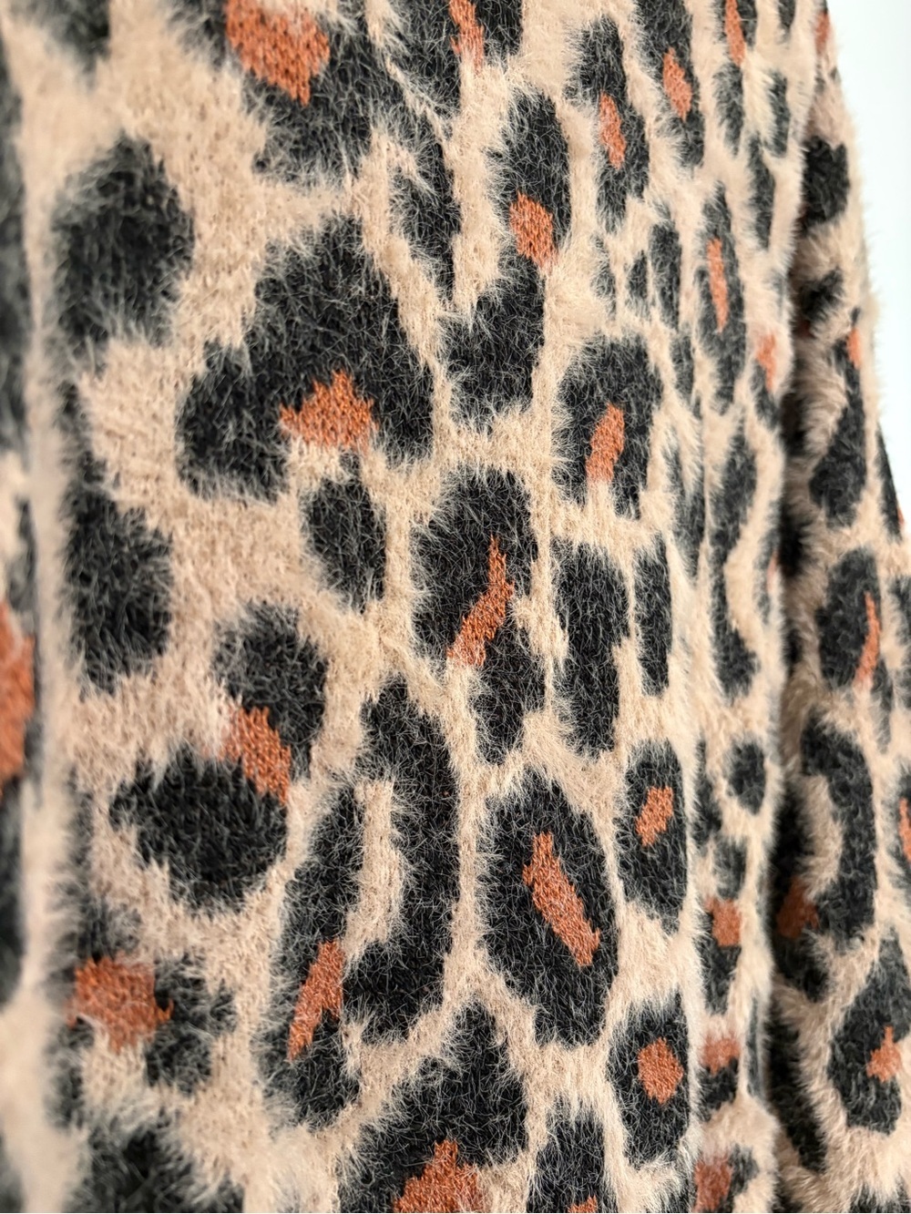 Time and Tru Beige Leopard Fuzzy Crewneck Sweater with Black and Rust Spots - Picture 5 of 6
